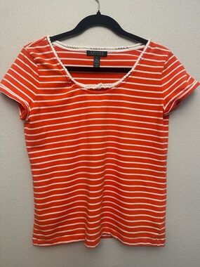 Ralph Lauren Orange and White Striped Scoop Neck Tee